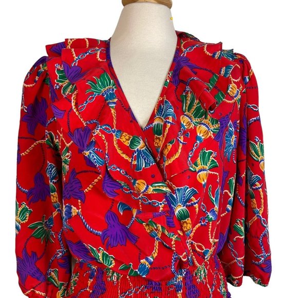 Vintage 80s Susan Tudor Women's red Ruffled Crop puff sleeve size M - Picture 10 of 12
